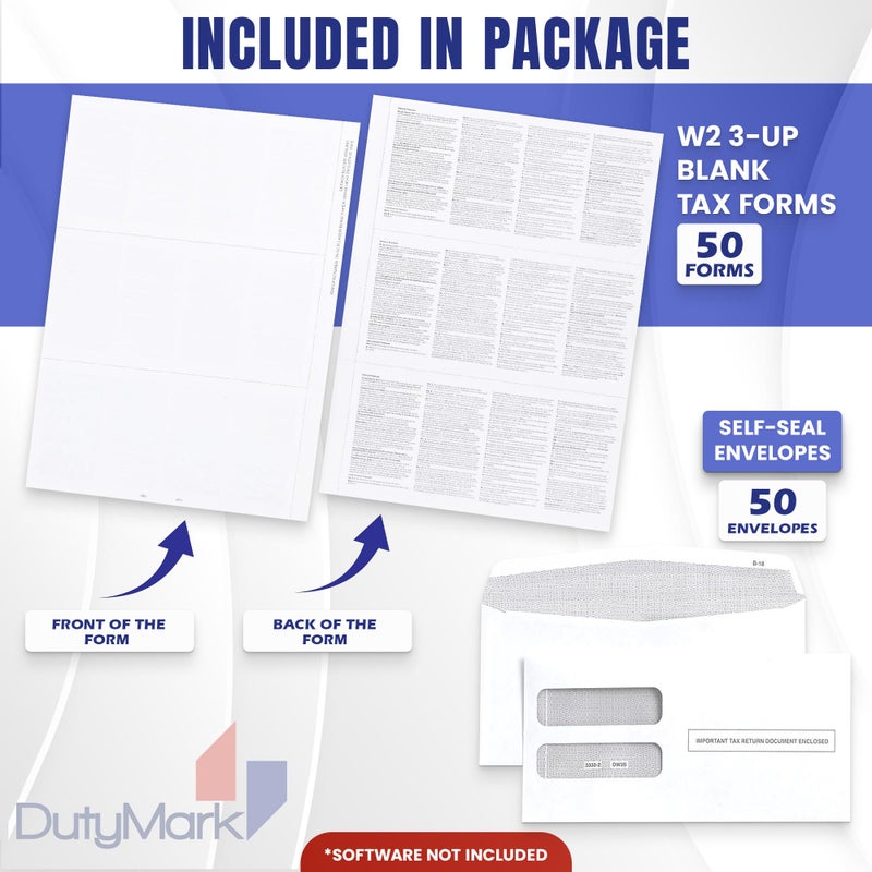 Dutymark W2 Forms Blank 3 Up Tax Forms 2025 withEnvelopes, Perforated Paper With Back Instructions For 50 Employees, and 50 Self-Seal Envelopes,Works with Printers, Great for QuickBooks and Accounting Software - Image 2